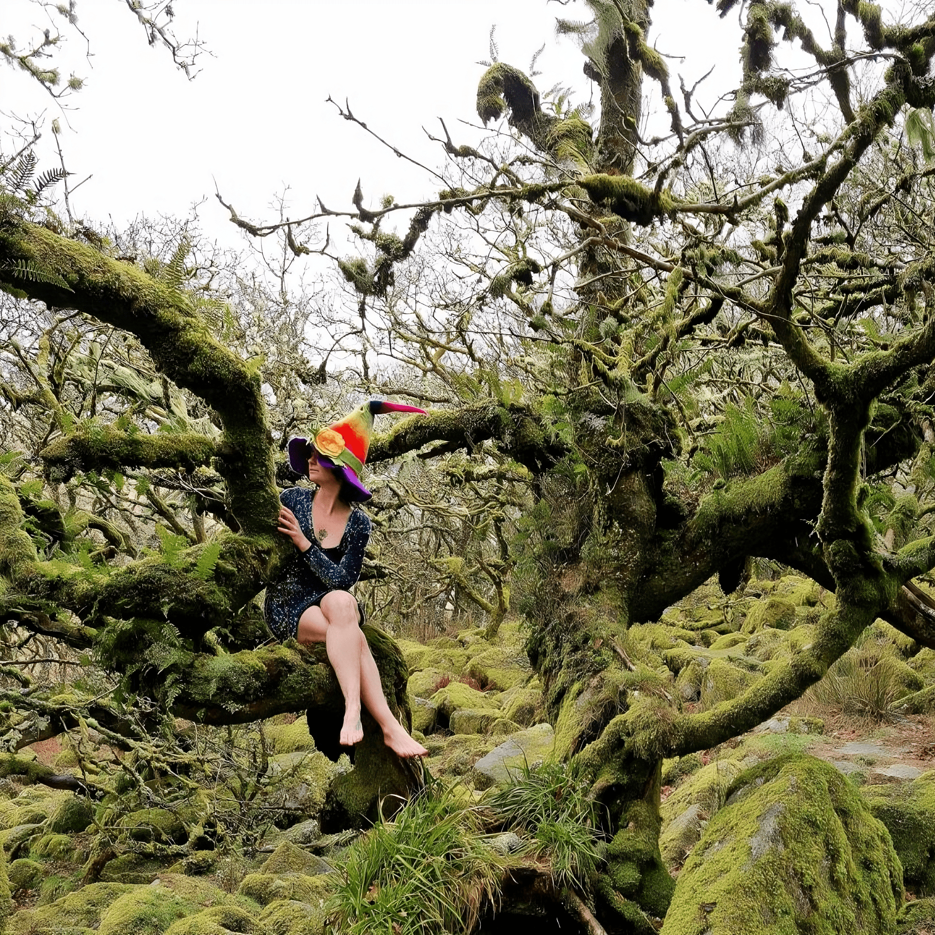 A photo of Amy sitting in a mossy forrest wearing a brightly coloured hat.